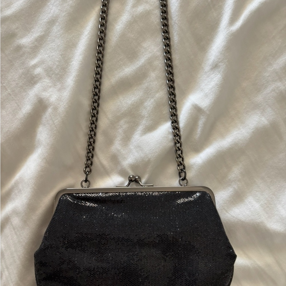 EXPRESS Black Sequin Clutch with Chain Strap